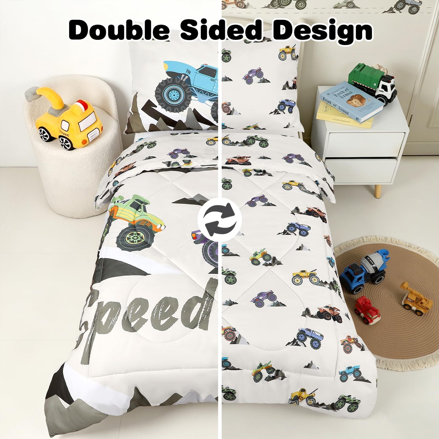 DAYEEBALL 4 Piece Toddler Bedding Set, Ultra Soft and Breathable Cartoon Car Toddler Comforter Sets for Boys Includes Quilted Comforter, Fitted Sheet, Flat Sheet and Pillowcase
