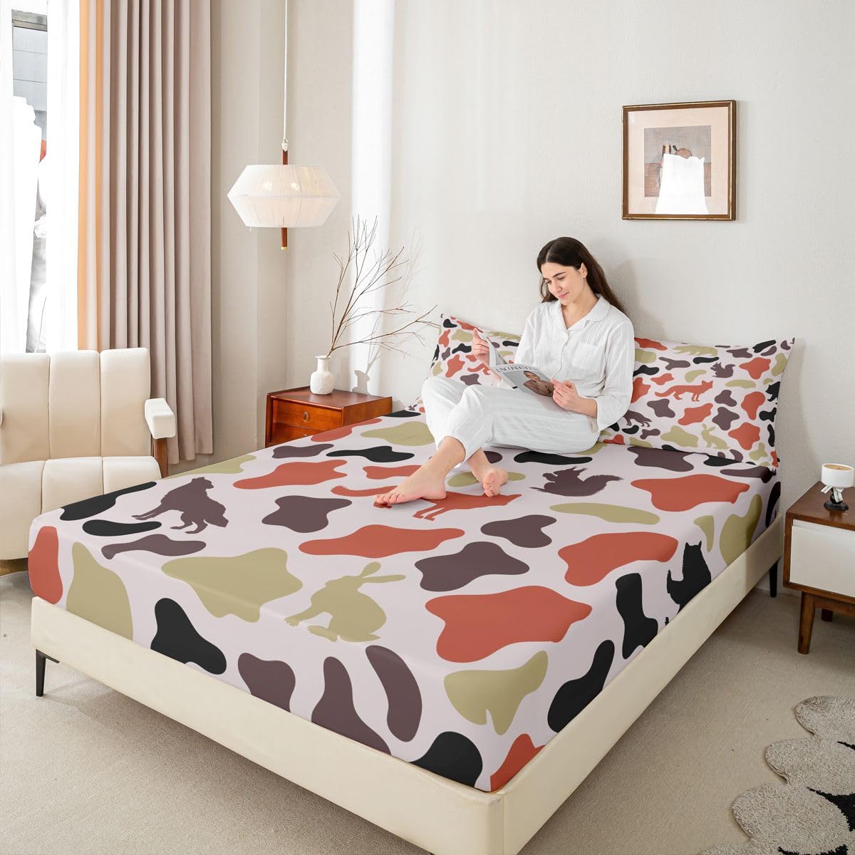 Manfei Camo Animals Fitted Sheet Twin Size,Bear Wolf Rabbit Wildlife Design Bedding Set 2pcs,Army Camouflage Bed Sheets with 1 Pillowcase,Kids Boys Girls Room Decor,Soft Deep Pocket Bedding(No Flat)