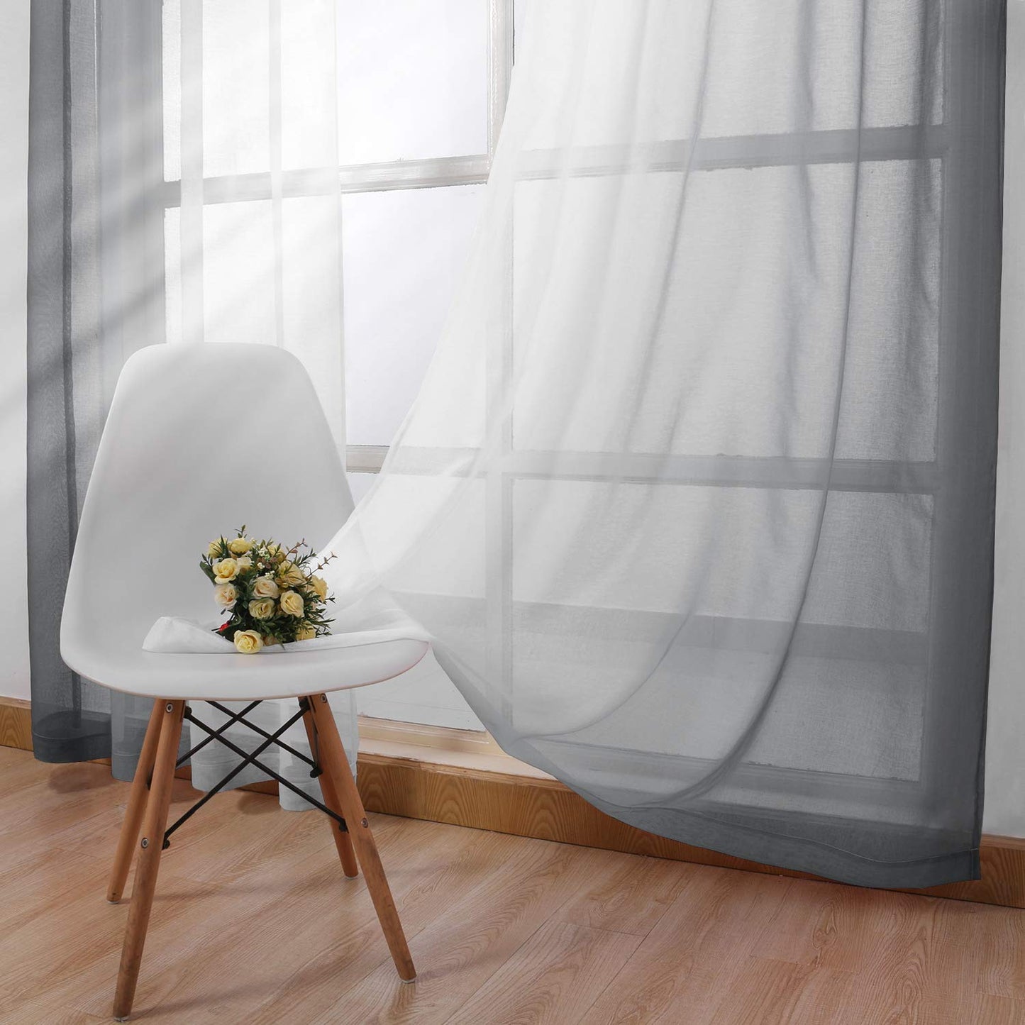 DWCN Grey Faux Linen Ombre Sheer Curtains - Semi Voile Gradient Grommet Top Curtains for Bedroom and Living Room, Set of 2 Window Curtain Panels, 52 x 84 Inches Long
