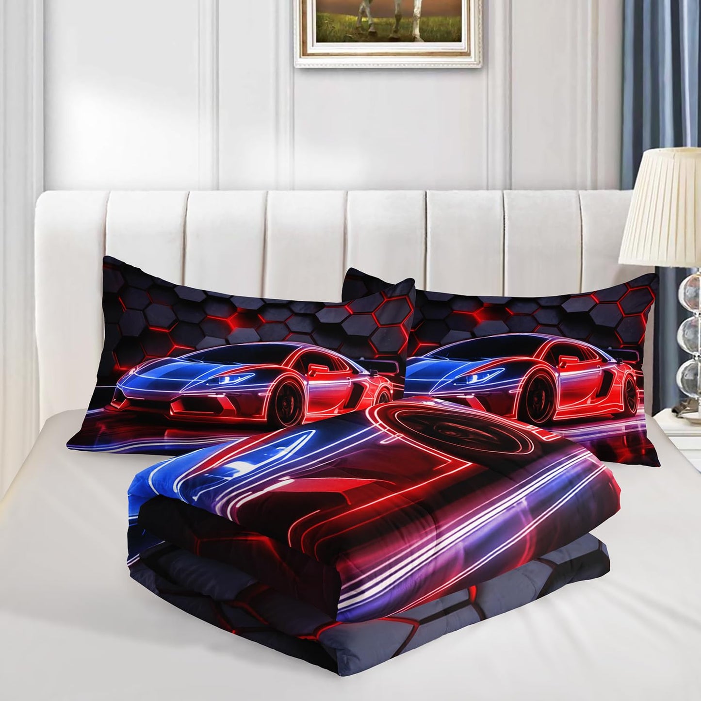 HOSIMA Boys Race Car Queen Bedding Sets,Honeycomb Geometric Background Pattern Cool Extreme Sports Bedding for Kids Men Car Themed Room Decor,Gaming Comforter with 2 Pillowcases.