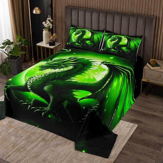 Castle Fairy Dragon Bedspread Queen Size,Starry Sky Moon Night Bedding Set for Kids Boys Teens Men Room Decor,3D Western Dragon Animals Comforter Set Black Green Quilt Coverlet,2 Pillowcases