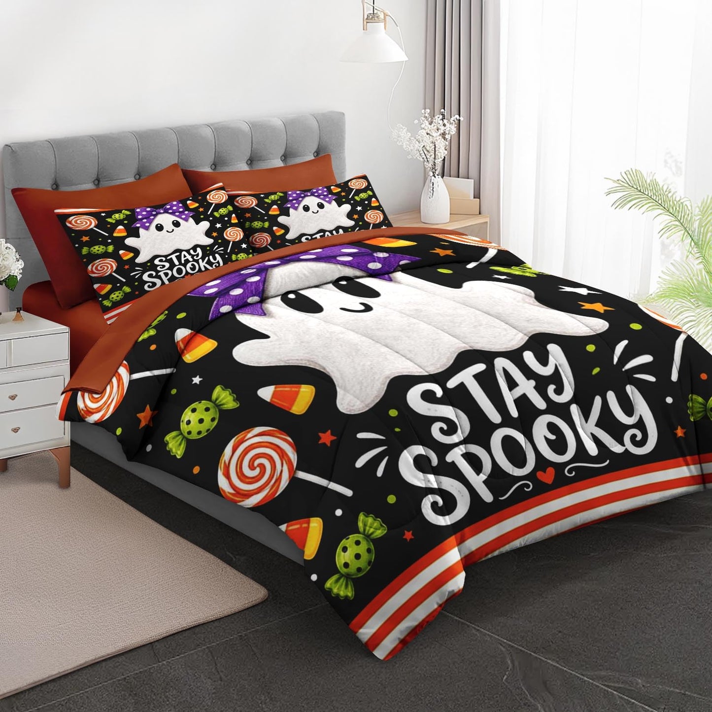 Boewywh Comforter Set Twin Size Halloween Ghost Spooky 7 Pcs, Bedding for Kids and Adults, Bed Sheet Sets with Fitted Sheet 2 Pillowcases & 2 Shams for Bedroom Bed Decor