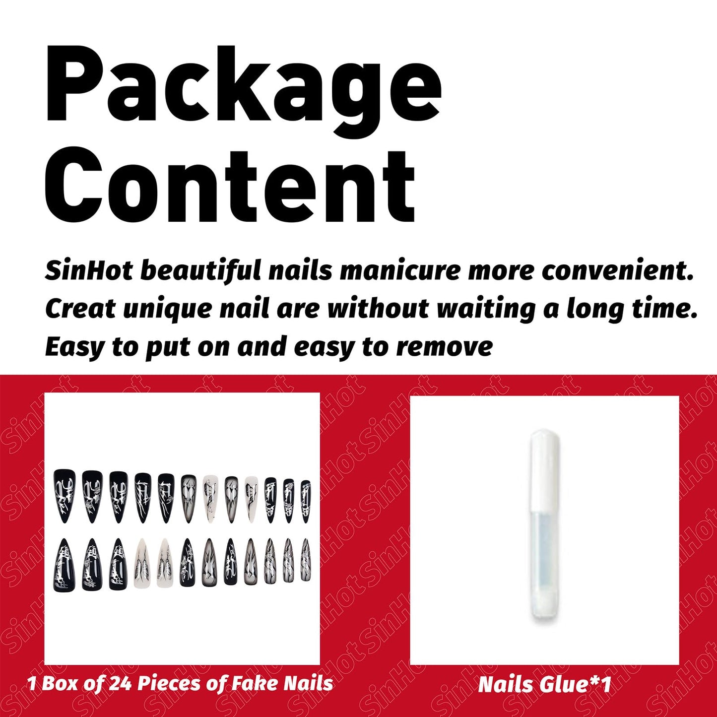 SINHOT Stiletto Press on Nails - Long Fake Nails, Glossy Finish, Black Butterfly & Gothic Style, DIY Artificial False Nail Art - 24 Pcs Nail Kit with Glue