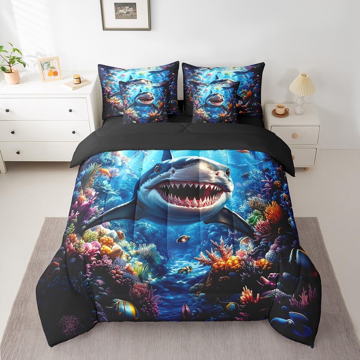 Feelyou Shark Comforter Set 7 Pieces Twin Size Kids, Ocean Sea Animal Bedding Set Boys Girls, Sea Underwater World Bed in a Bag,Comforter + Sheets + Pillowcases + Cushion Covers