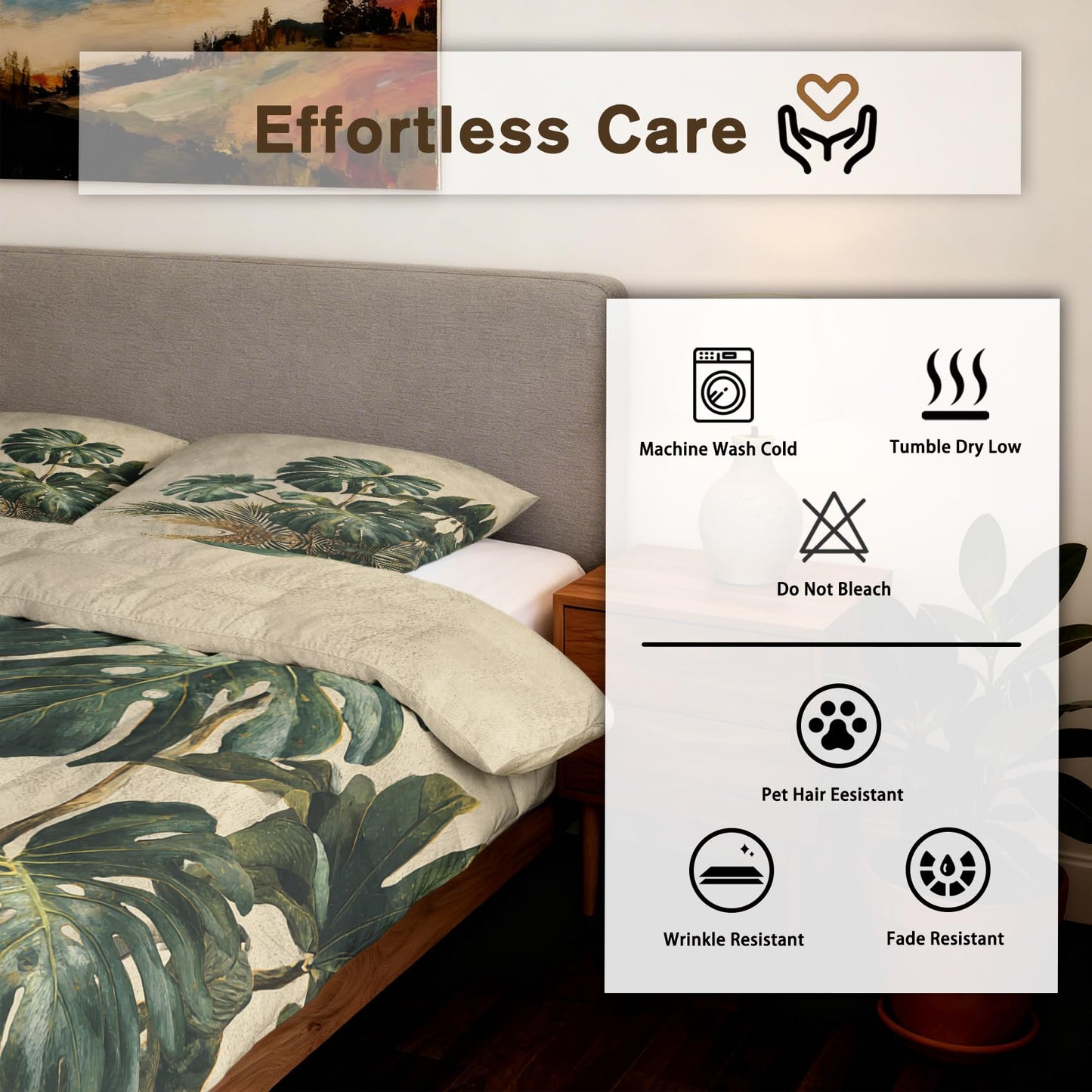 Tropical Leaves Comforter Set King Size 3Pc, Monstera Leaf Pattern Down Alternative Bed Comforter, 2 Pillow Shams, Soft All Season Bedding, Tropical Leaves Bedroom Decor AF3793