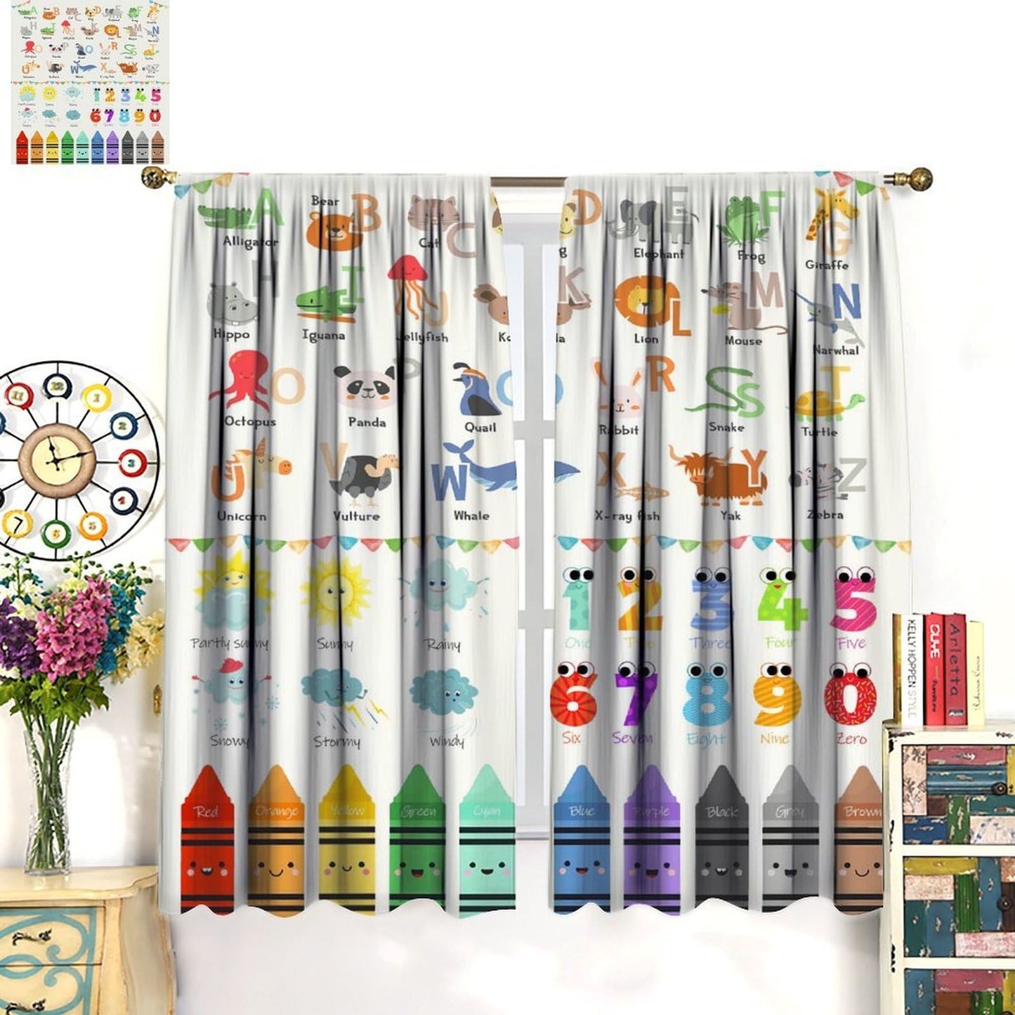 ABC Alphabet Education Curtains for Kids Colorful Cartoon Educational Crayons for Preschoolers to Learn the Alphabet Windows Treatments for Nursery Boys Bedroom Living Room 42x44.5in（No Blackout）