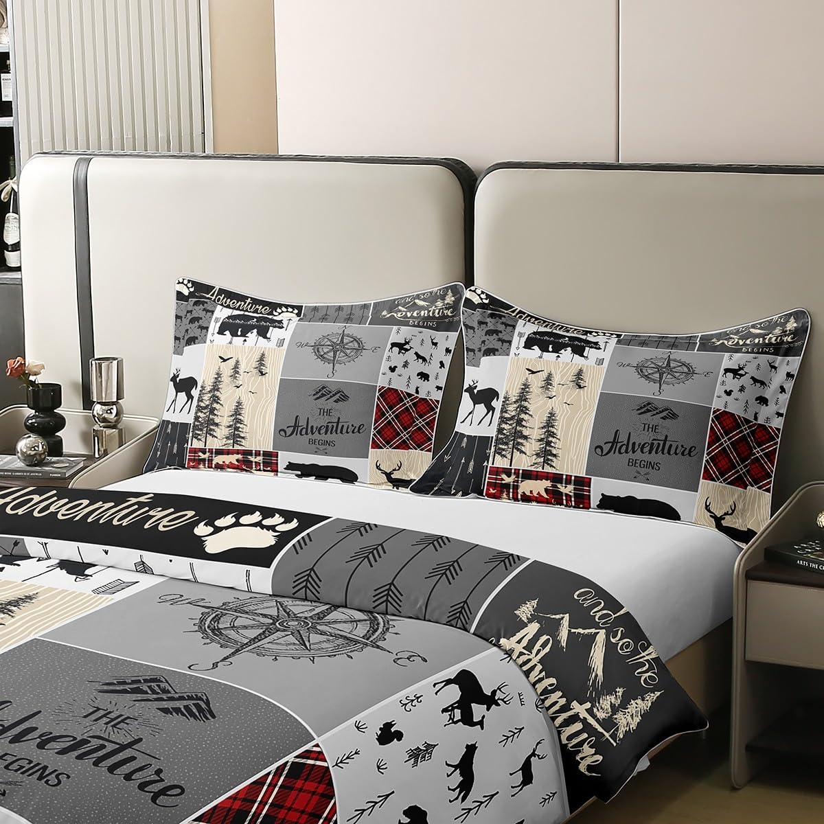 Erosebridal Retro Cabin 100% Cotton Duvet Cover Queen Size for Kids Rustic Bear Deer Comforter Cover Hunting Wildlife Bedding Set for Boys Teens Men Bedroom Plaid Lodge Farmhouse Bedclothes