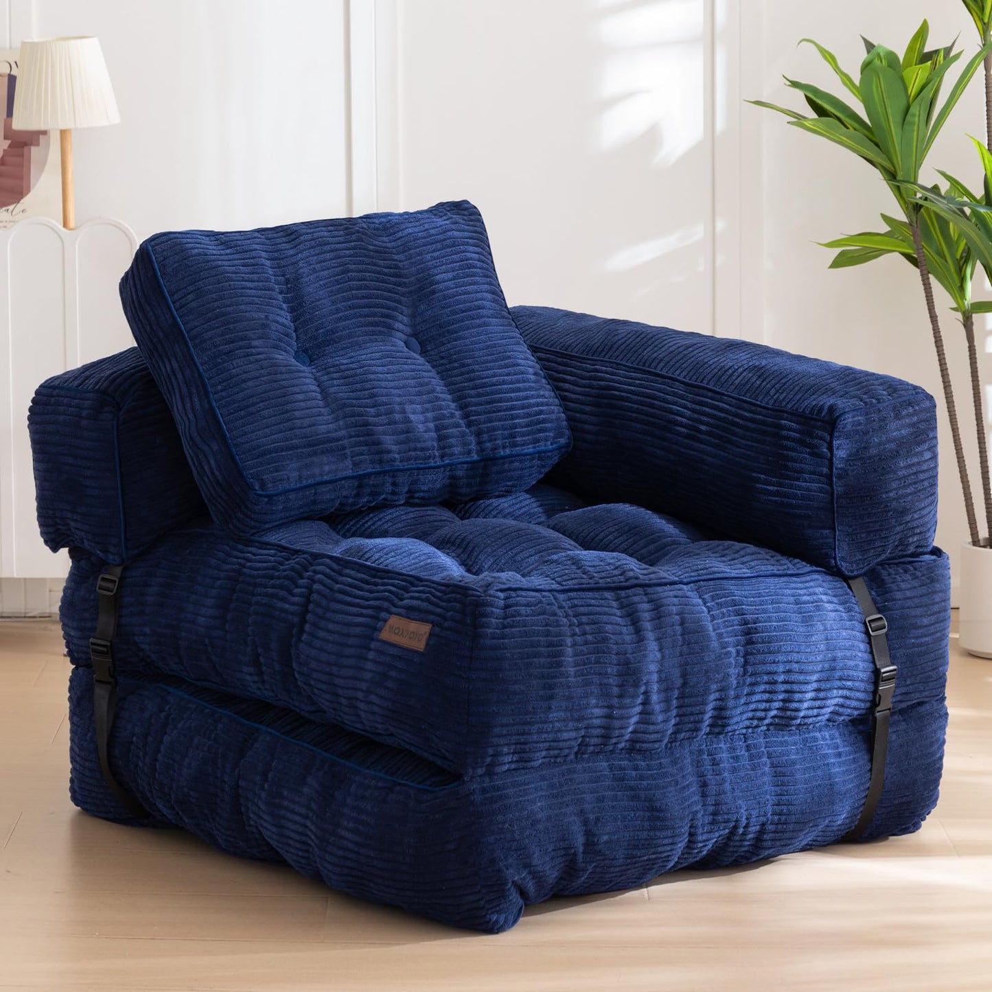 MAXYOYO Folding Sofa Bed, L-Shaped Convertible Sofa Bed with Armrest Foldable Sofa Couch with Pillow, Portable Fold Out Chair Bed Comfy Floor Lounge for Living Room Bedroom, Navy