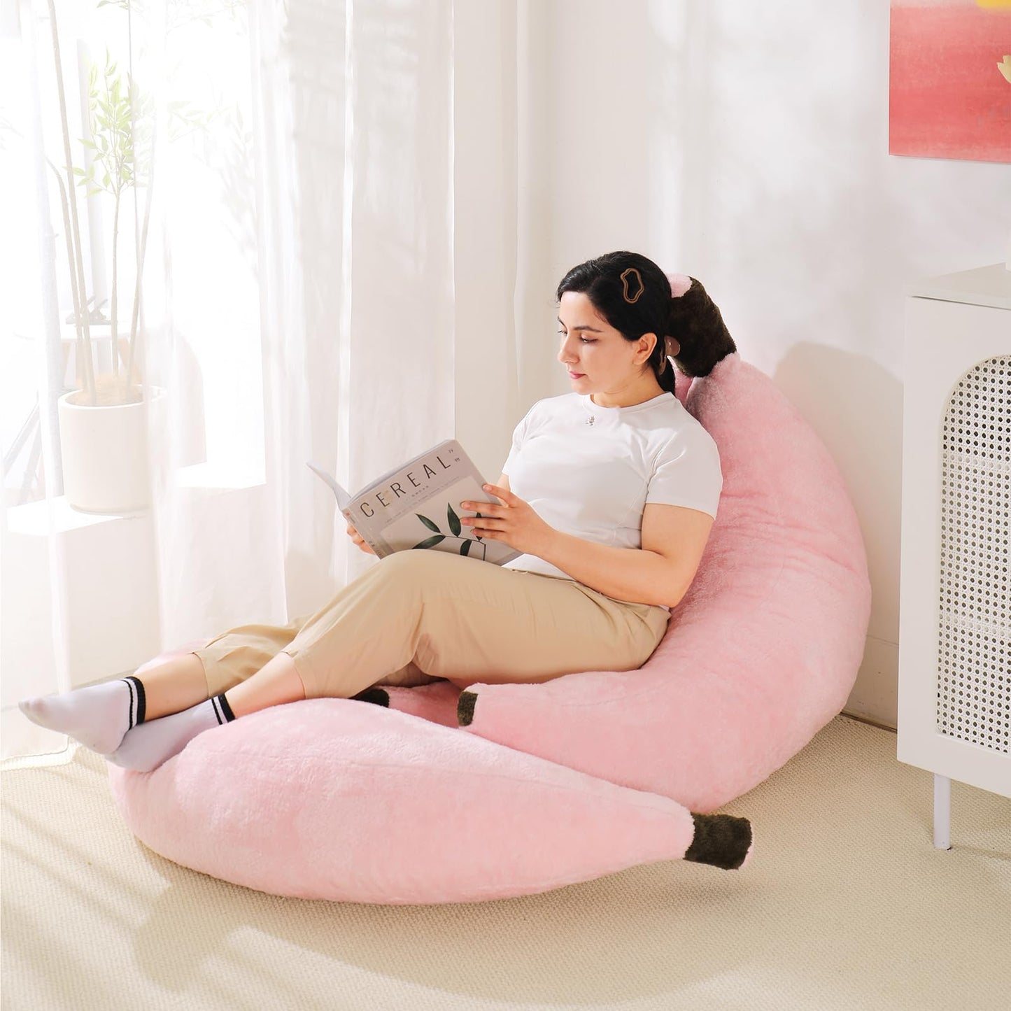 IEVENW Banana Bean Bag Chair with Ottoman, Floor Sofa Bed with Footrest, Comfy Convertible Lounger for Teens & Adults, Plush Couch for Bedroom, Living Room or Dorm, M-Pink