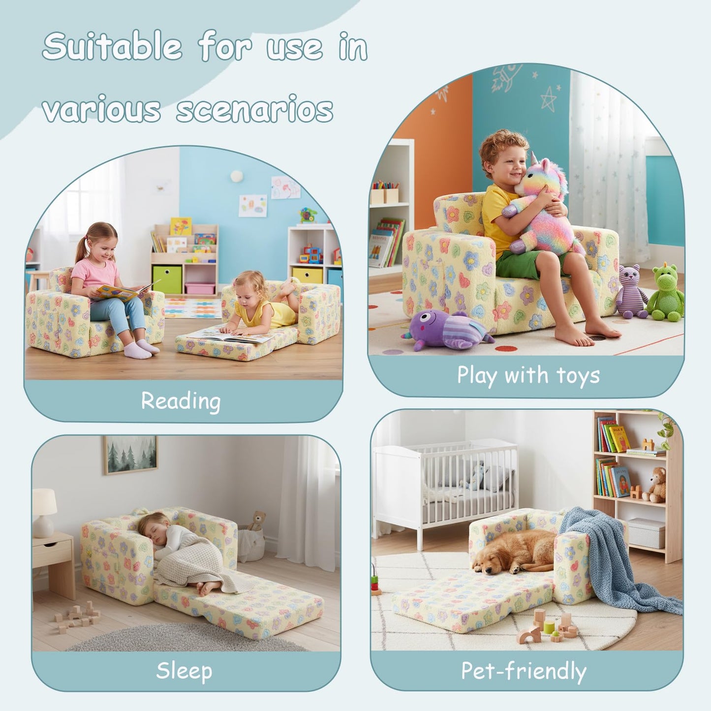 Tiita 2-in-1 Kids Sofa, Convertible Children Couch to Lounger, Flip Out Kids Chair, Toddler Armrest Chair Bed, Folding Kid Play Sofa for Girl or Boy, Flower