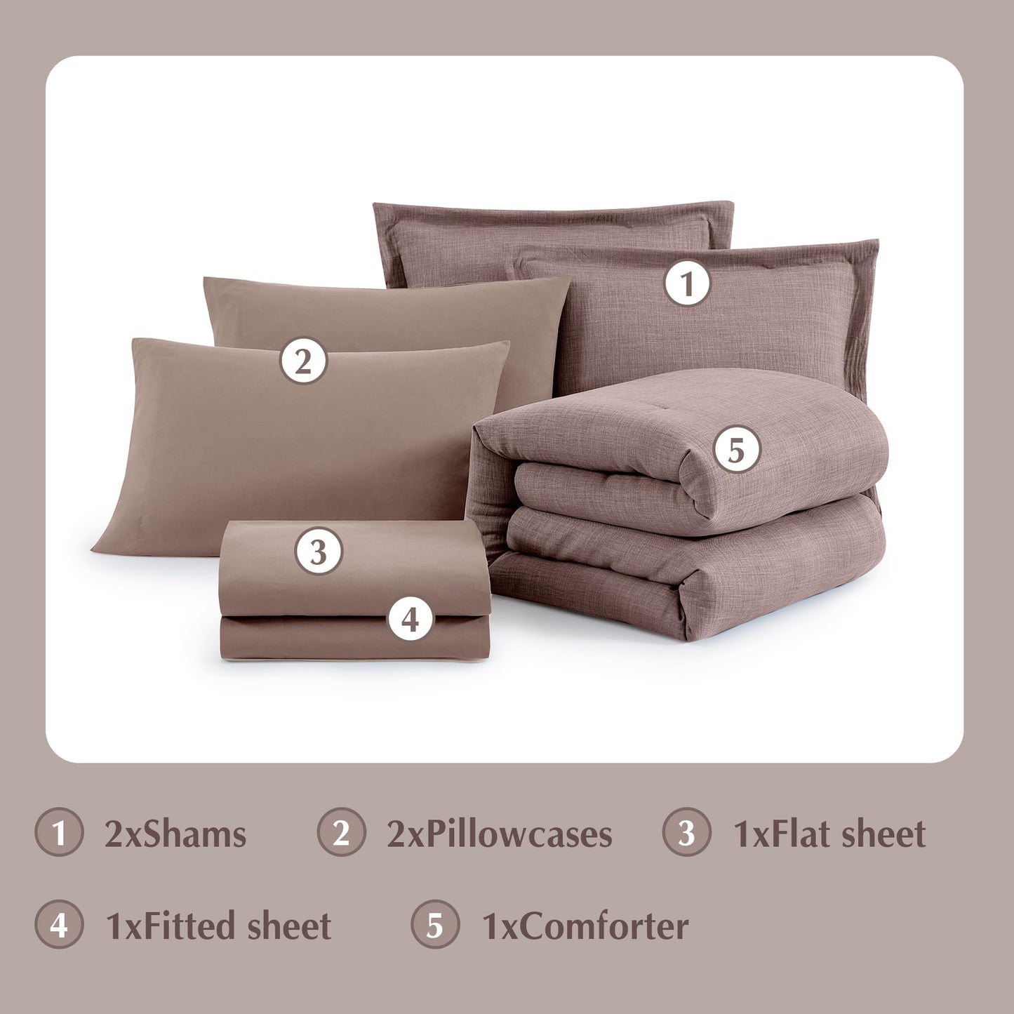 Geniospin Queen Comforter Set - 7 Pieces Comforter Queen Size, Soft Solid Bedding Set for All Season, Textured Bed in a Bag with Sheets, Pillowcases & Shams (Misty Rose, 90''x90'')