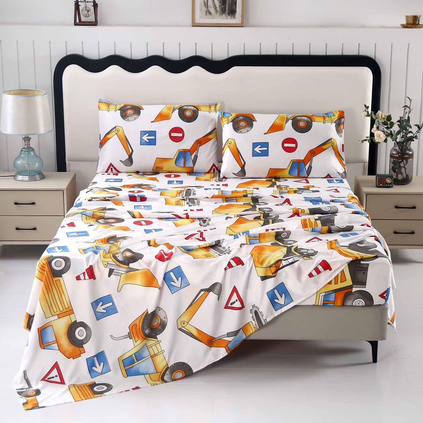 SDY 4 Pieces Tractor Sheets Full,Cozy Construction Sheets for Kids Boys Girls Teens,Car Sheet Set Included 1 FittedSheet with 14'' Deep Pocket + 1 Top FlatSheet + 2 Pillowcases