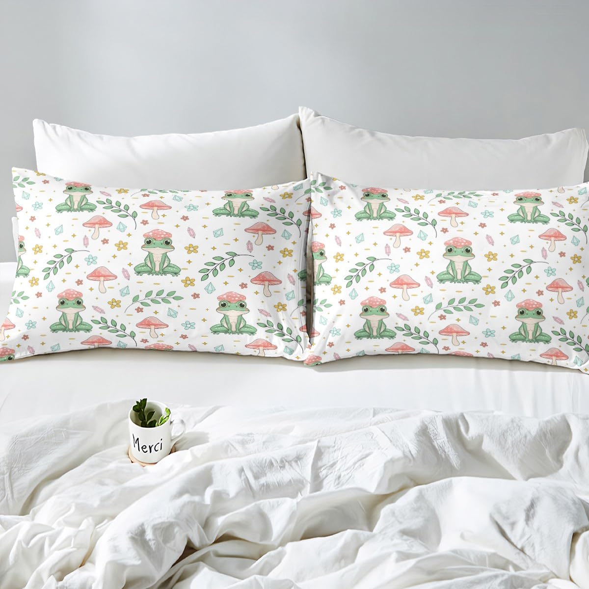 Erosebridal Bed Linen Set with Frog Fitted Sheet, Pink Mushroom Decor, Twin, 1 Pillow Case