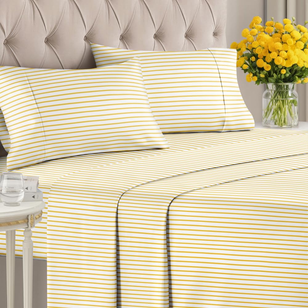 Yellow Striped Sheets - 1 Flat & 1 Fitted Sheet & 2 Pillowcases w/ Deep Pockets - Cozy, Wrinkle & Fade Resistant - Ultra-Soft, Comfy, Breathable & Cooling - Luxury Pinstripe Bedding - Queen Size