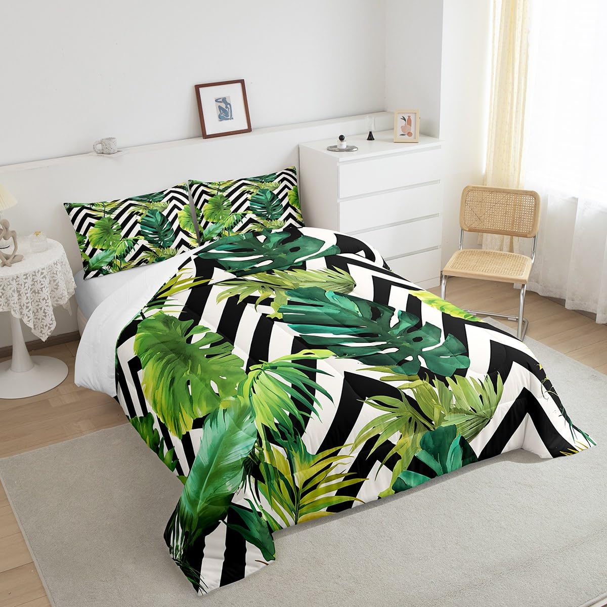 jejeloiu Tropical Leaves Bedding Set Full Size Kids Black White Striped Comforter for Boys Girls Leaf Pattern Comforter Set Botanical Duvet Set Room Decorations Quilt Set