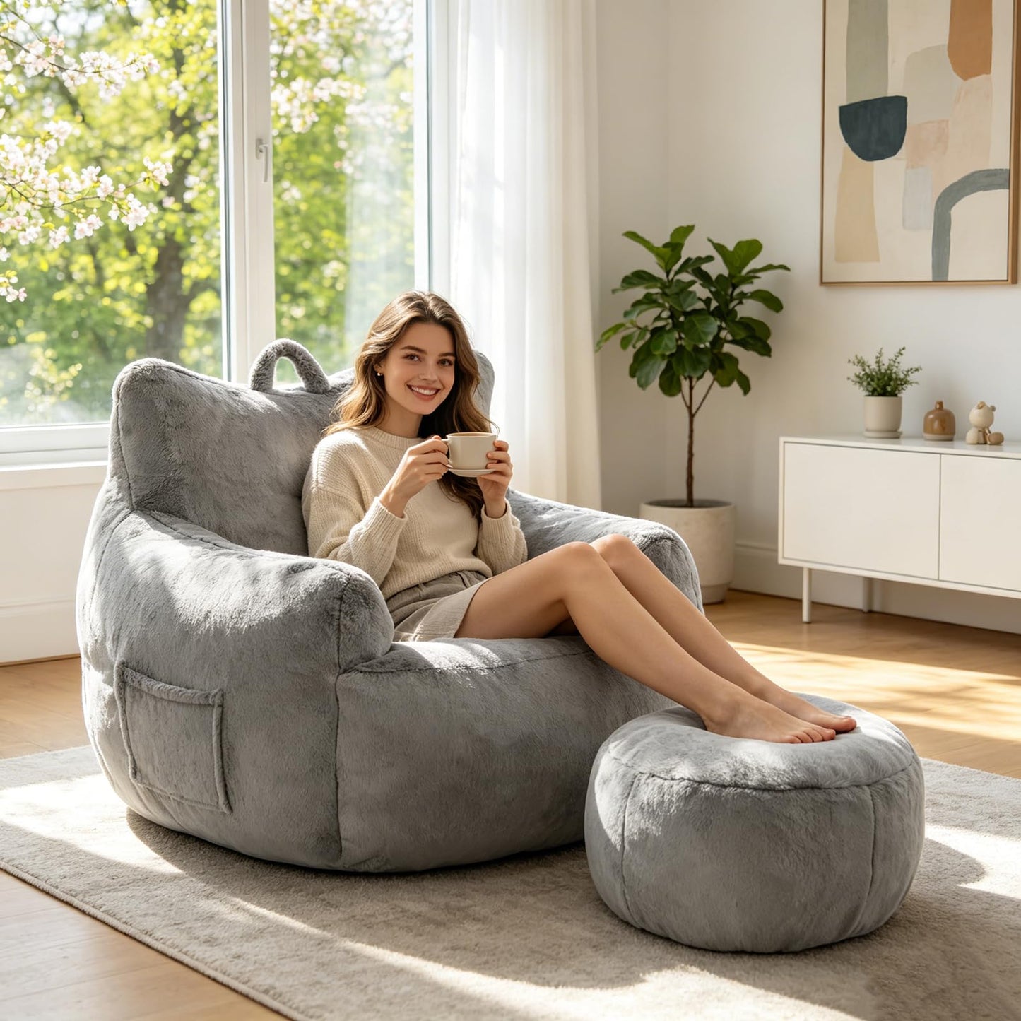Giant Bean Bag Chair for Adults with Ottoman, Oversized Bean Bag with Filling Plush Fluffy,BeanBag Lazy Sofa Couch with Armrest for Bedroom, Stuffed Floor Sofa with Sidepocket for Living Room, Beige