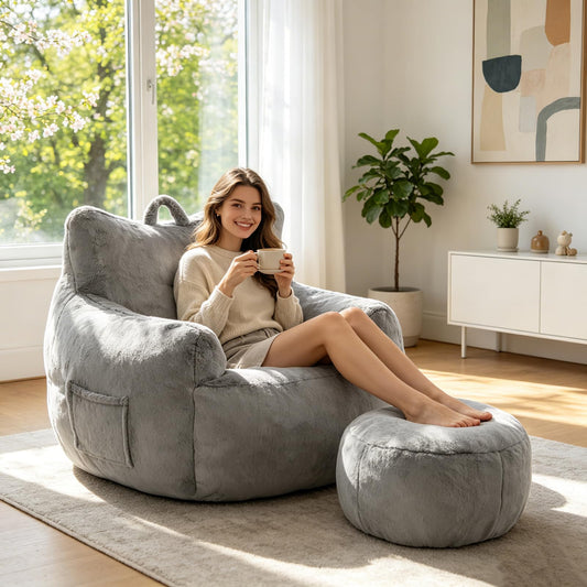 Giant Bean Bag Chair for Adults with Ottoman, Oversized Bean Bag with Filling Plush Fluffy,BeanBag Lazy Sofa Couch with Armrest for Bedroom, Stuffed Floor Sofa with Sidepocket for Living Room, Beige