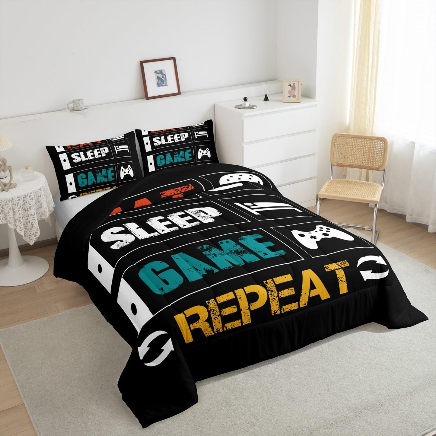 Boys Gaming Comforter Sets for Kids Twin Size Gamer Bedding Set Teens Video Games Comforter Duvet Room Decor Funny Creative Eat Sleep Game Repeat Design Reversible Inner Fill Quilt Set All Season