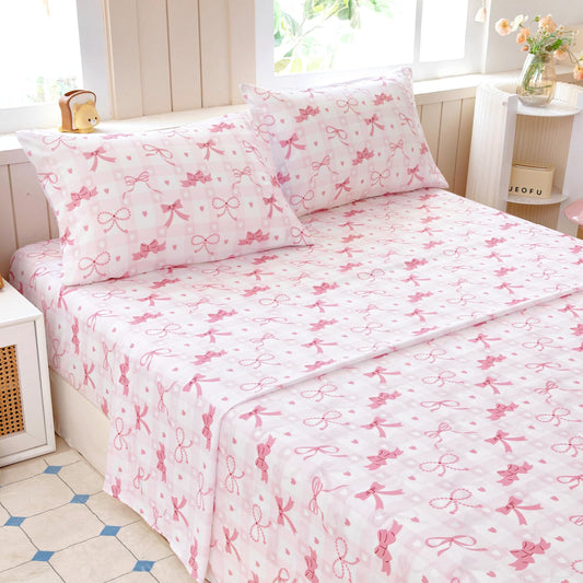 Homilay Full Sheet Set Kids - Pink Check 4 Pieces Soft Microfiber Cartoon Style Bedsheets for Boys Girls Teens, Oeko TEX Breathable 15 Inch Deep Pocket Sheets(Pink Bow)