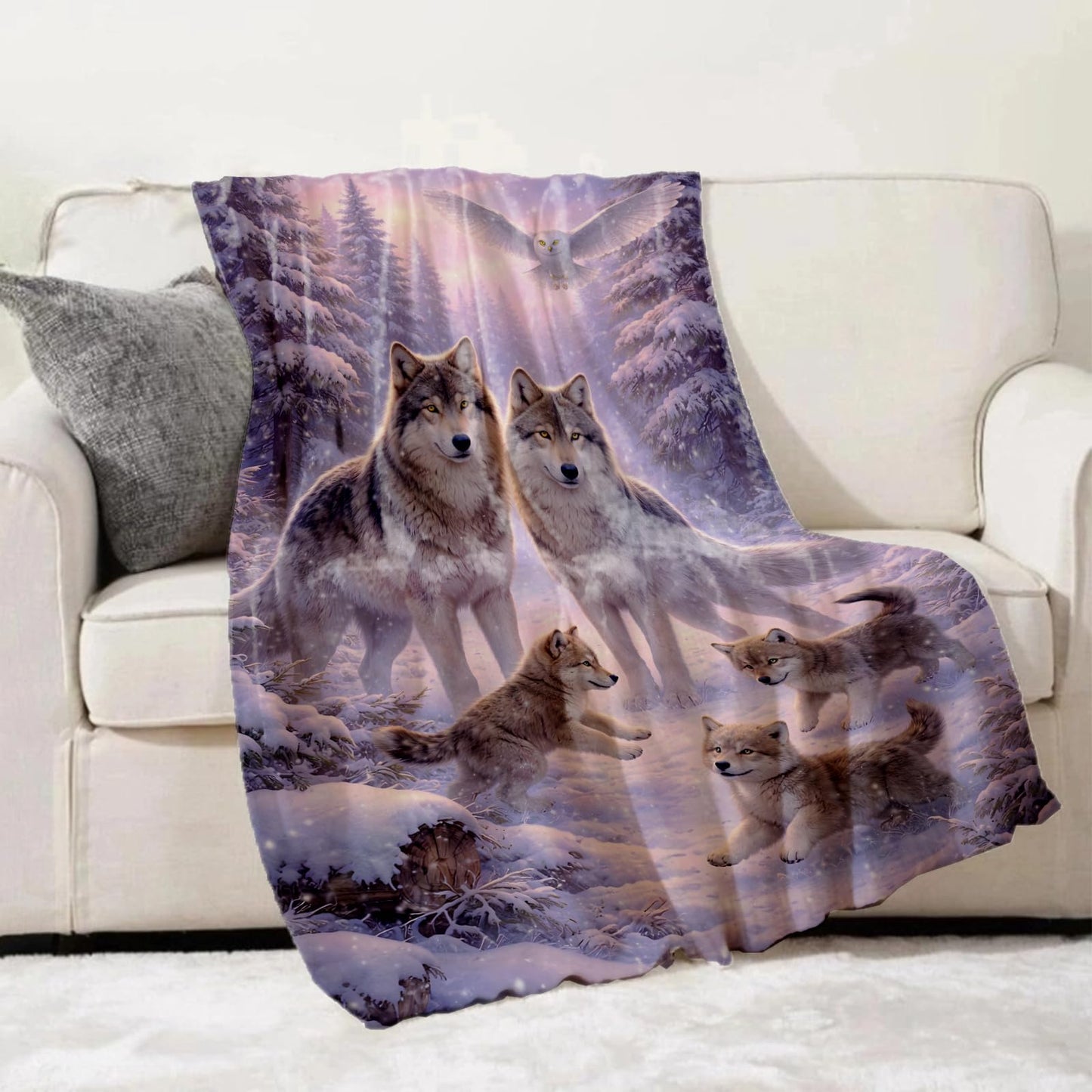 Turamurra Wolf Family Throw Blanket Gifts for Kids Women, Wolf Wildlife Blankets for Home, Couch, Bedroom, Living Room Decor, Fuzzy Warm Flannel Plush 50"x60"