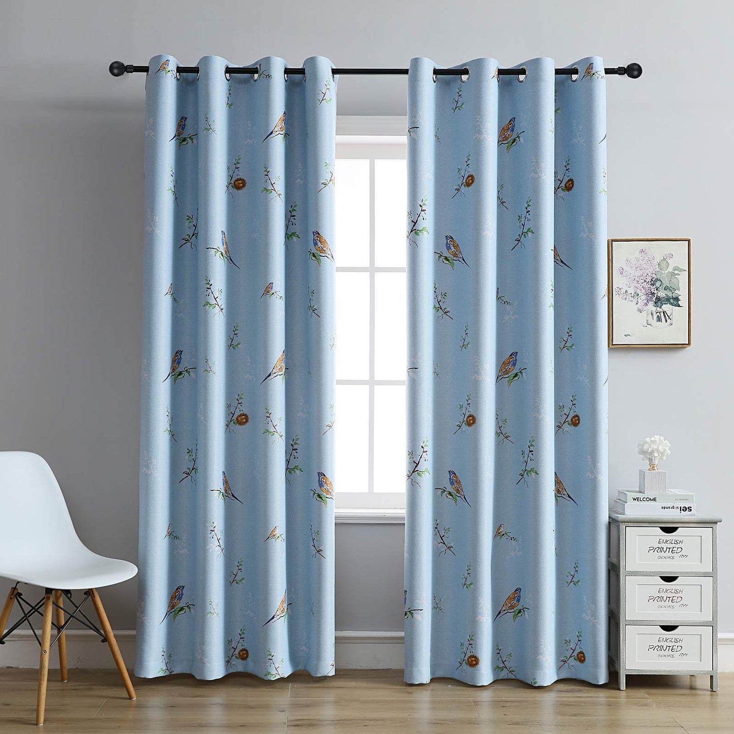 SUOUO Double Sided Patterned Birds Blackout Curtains 84 Inch 2 Panels Rustic Farmhouse Vintage Country Window Drapes for Bedroom Living Room Blue and Khaki