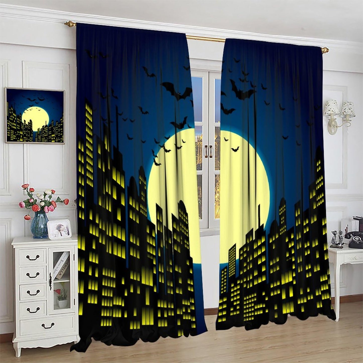 Djaby City Heroes Curtains, Night Bat Heroes Moon Cartoon City Window Treatments for Living Room Kids Boys Bedroom Home 42" W X 45" L(No Blackout)