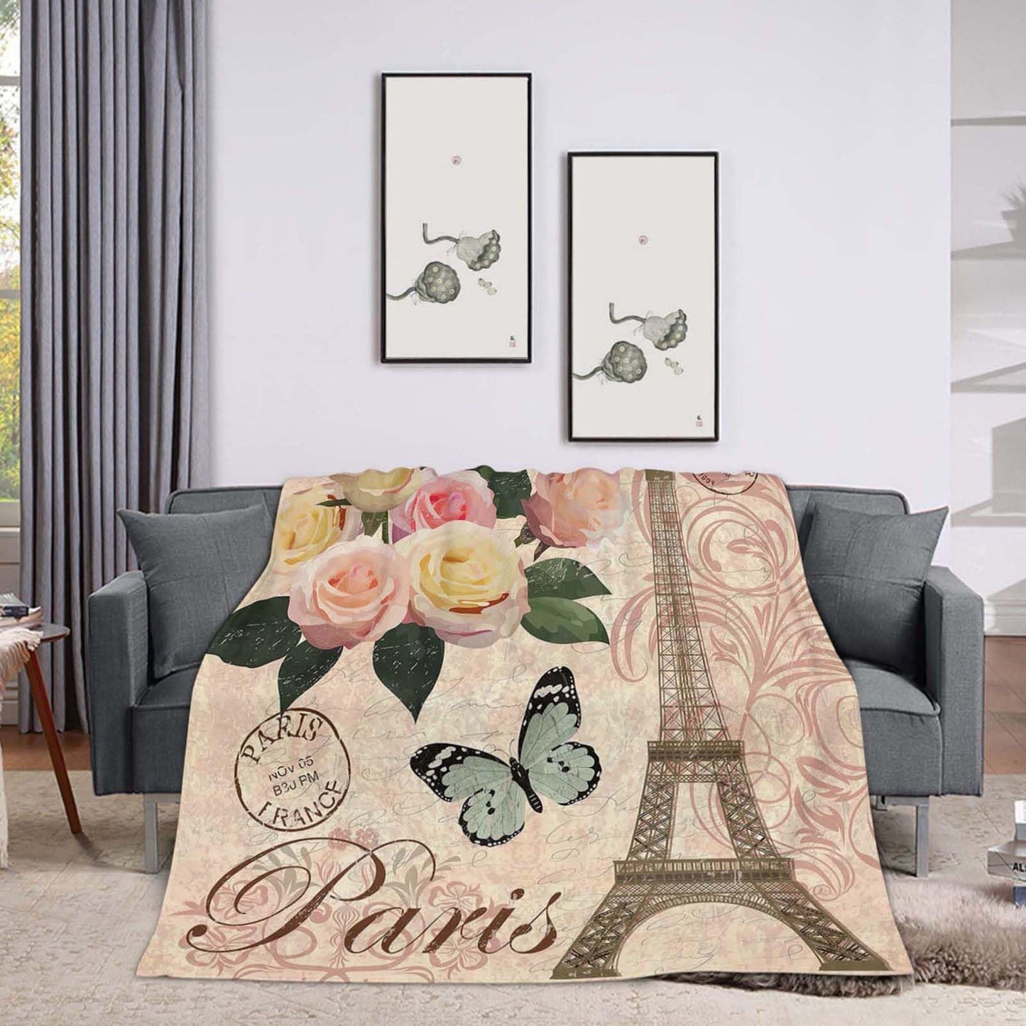 Throw Blanket 60x80 Inch,Vintage Paris Flower Eiffel Towel Rose Cozy Soft Lightweight Fuzzy Flannel Blanket 80x60 Inch Suitable for Couch Bed Sofa Living Room in All Seasons