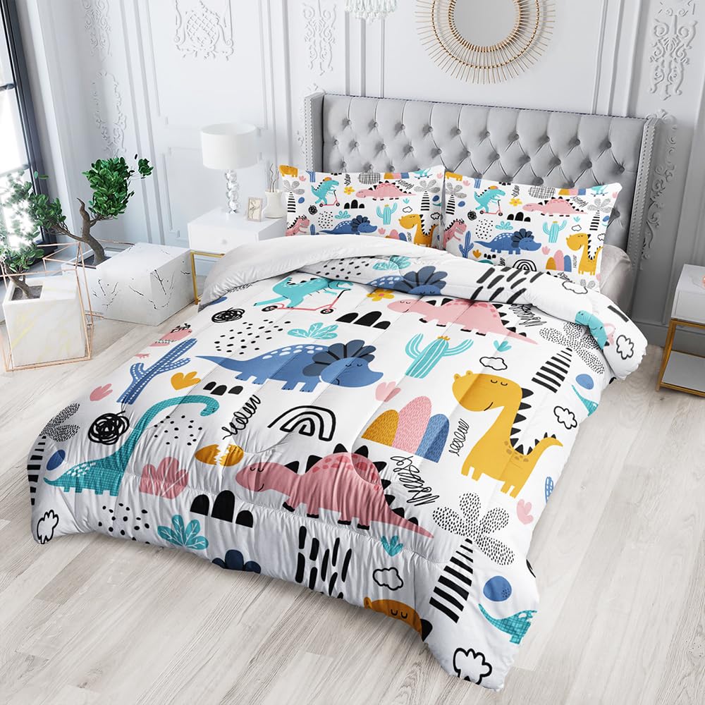XYNHML Cartoon Dinosaur Rainbow Comforter Set Twin 3Pc Kawaii Dinosaur Bedding Set All Season with Cactus, Coconut Tree Decoration Includes 1 Comforter, 2 Pillowcases for Kids Girls Teens