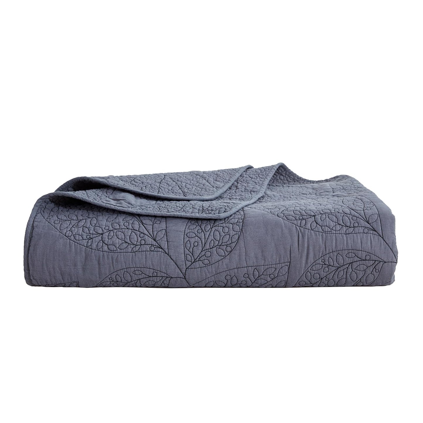 CHIXIN Botanical Cotton Quilt King Size - Leaf Pattern Real Stitching - Quilted Bedspread Coverlet Sets, Ultra Soft, Lightweight, Reversible, 3 Piece, Dark Grey