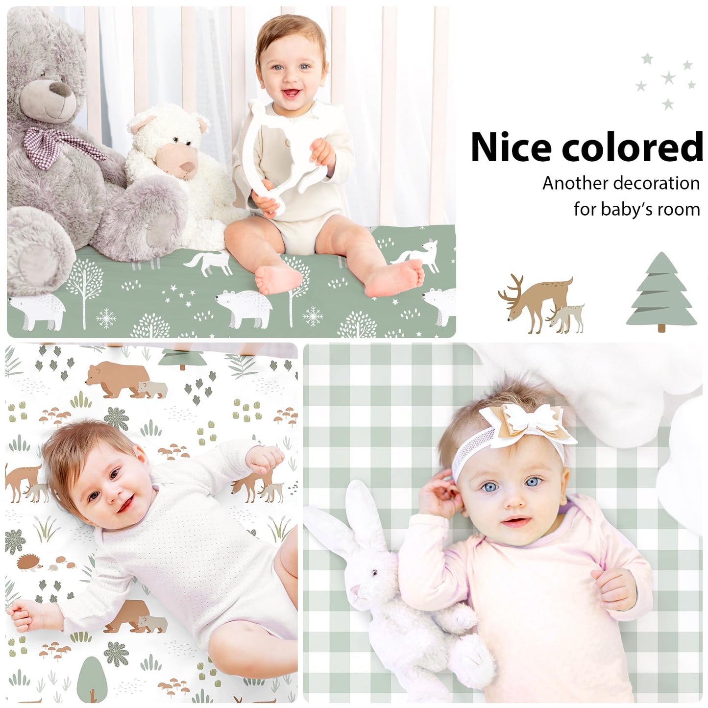 FIEMOL Baby Crib Sheets for Boys and Girls, 3 Pack Fitted Crib Sheets Neutral for 52”x28” Standard Crib and Toddler Mattresses, Ultra Soft & Silky Smooth Microfiber Green Forest Bear