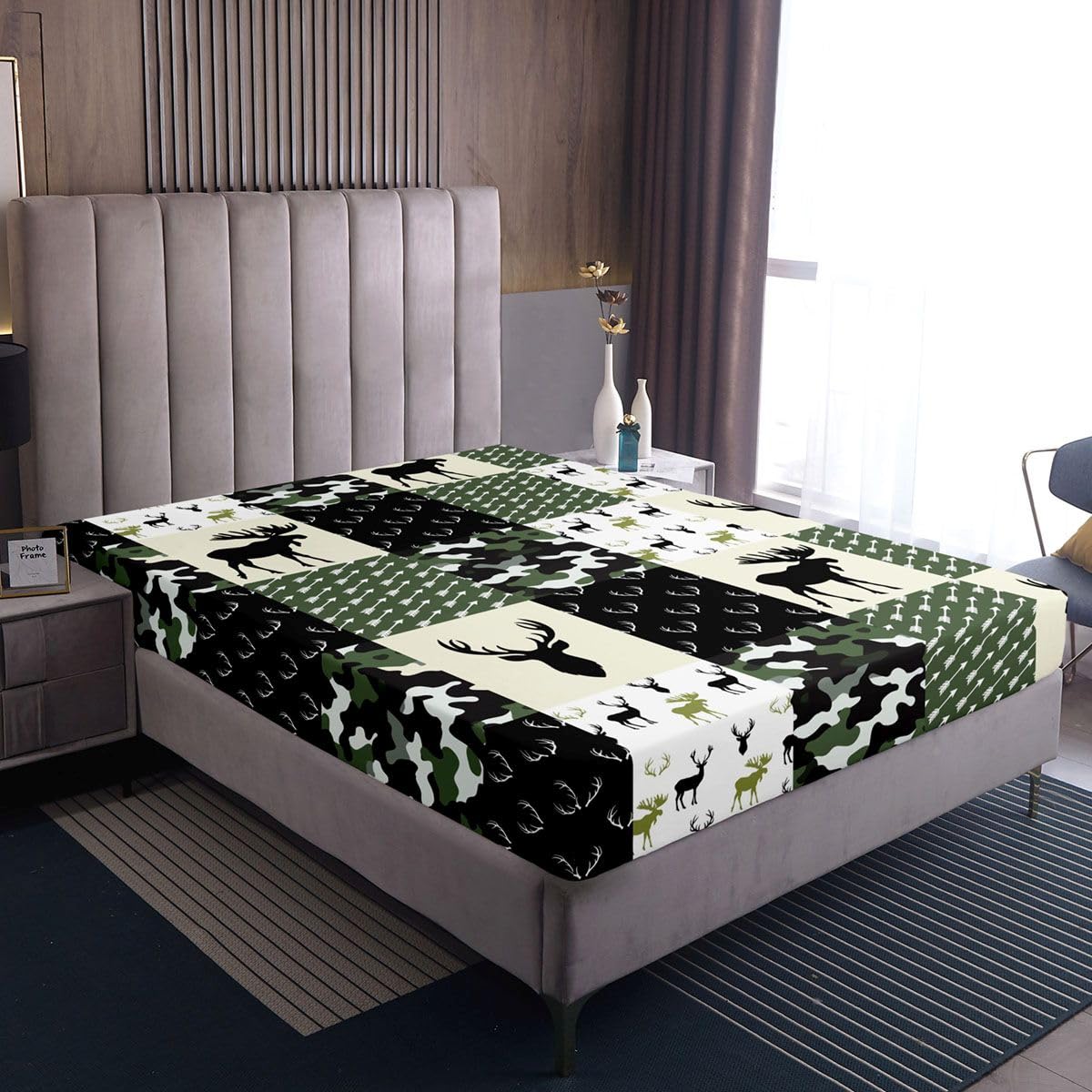 Army Green Camouflage Bedding Set, Camo Deer Silhouette Fitted Sheet for Kids Boys Teens Antlers Boho Arrows Bed Sheet Grid Militarily Fitted Bed Sheets 3 Pieces, Full Size(No Top Sheet)