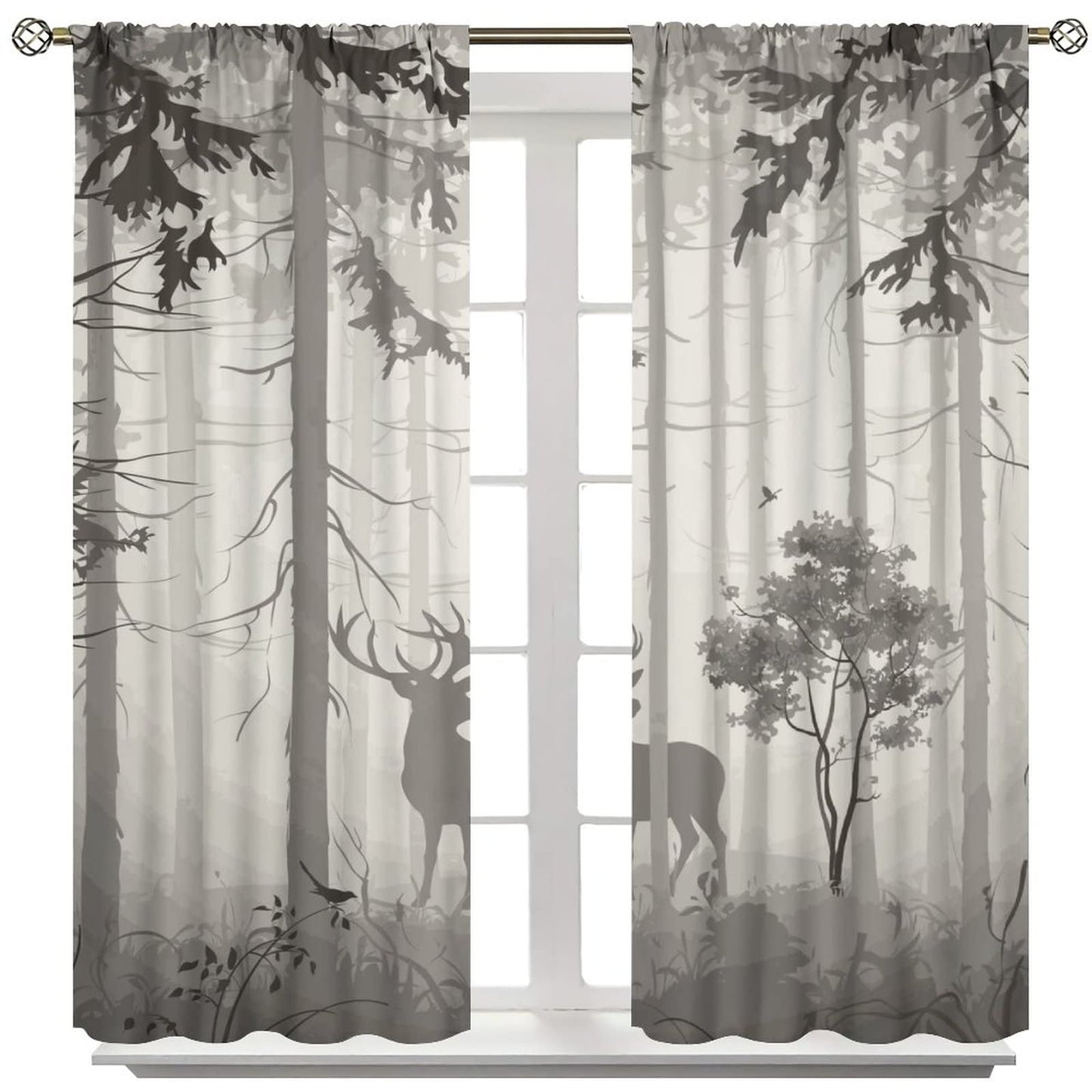 Deer Blackout Curtain,Grey Misty Forest Rustic Wildlife Moose Mountain Elk Pine Forest Silhouette Window Curtains for Living Room Office Decor Window Drapes,2 Panels W42 xL45