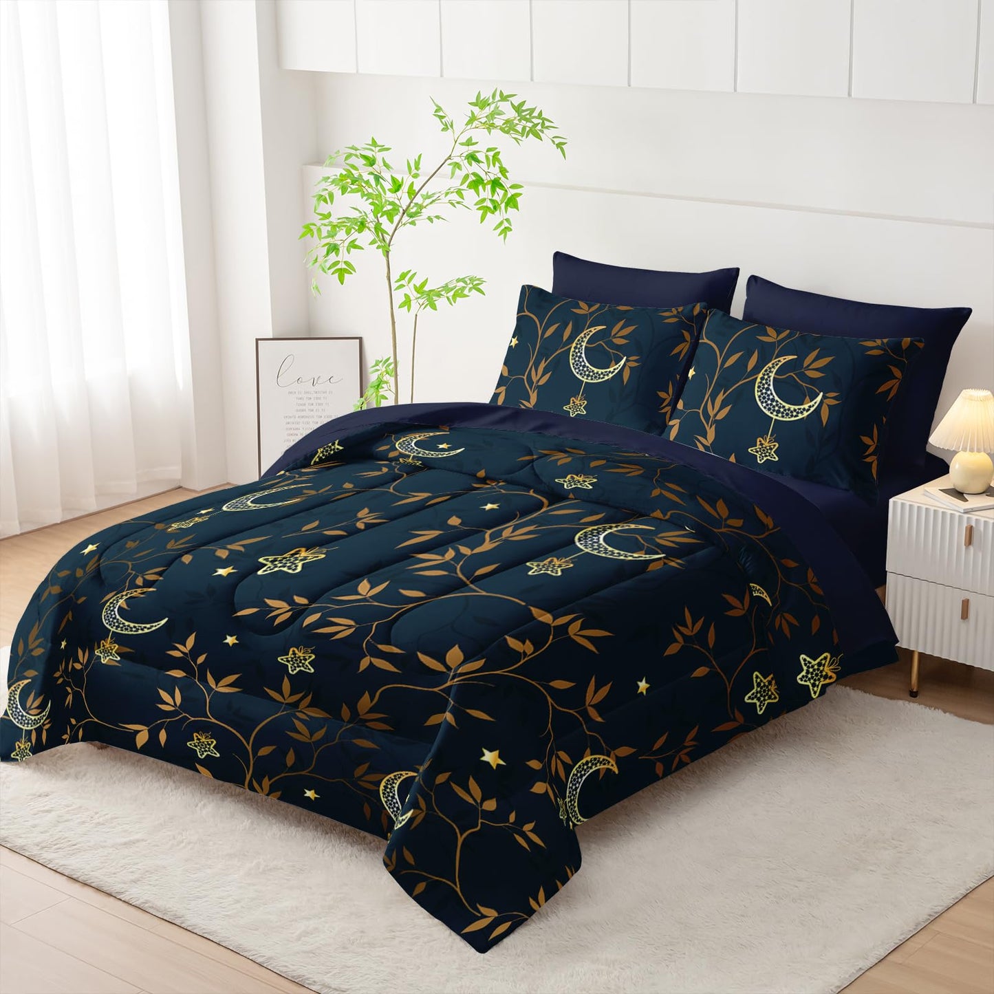 AILONEN Moon Comforter Set Full Size,7-Piece Navy Blue Gold Star Leaves Print Bedding Boho Bed in a Bag for Room Decor All Season Comforter & Fitted/Flat Sheet & 2 Pillowcases & 2 Shams
