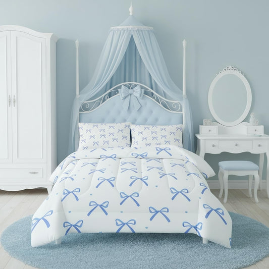 QOOMO 3Pcs Bow Comforter Set Twin,Bowknot Bedding Set for Teens Boys Girls,1 Comforter with 2 Pillowcases,Down Alternative,Soft and Lightweight