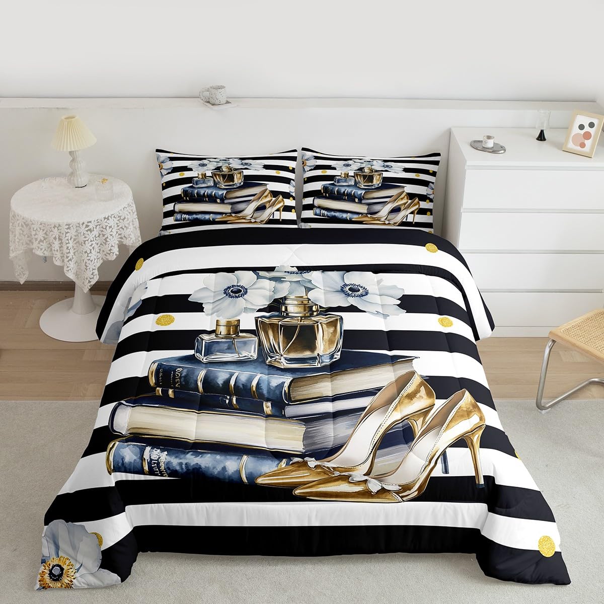 Erosebridal Fashion Comforter King Size for Girls Teens Women Black White Stripes Bedding Set Blue Gold Floral & Oil Painting Book Modern Duvet Insert Perfume High Heels Bed Sets