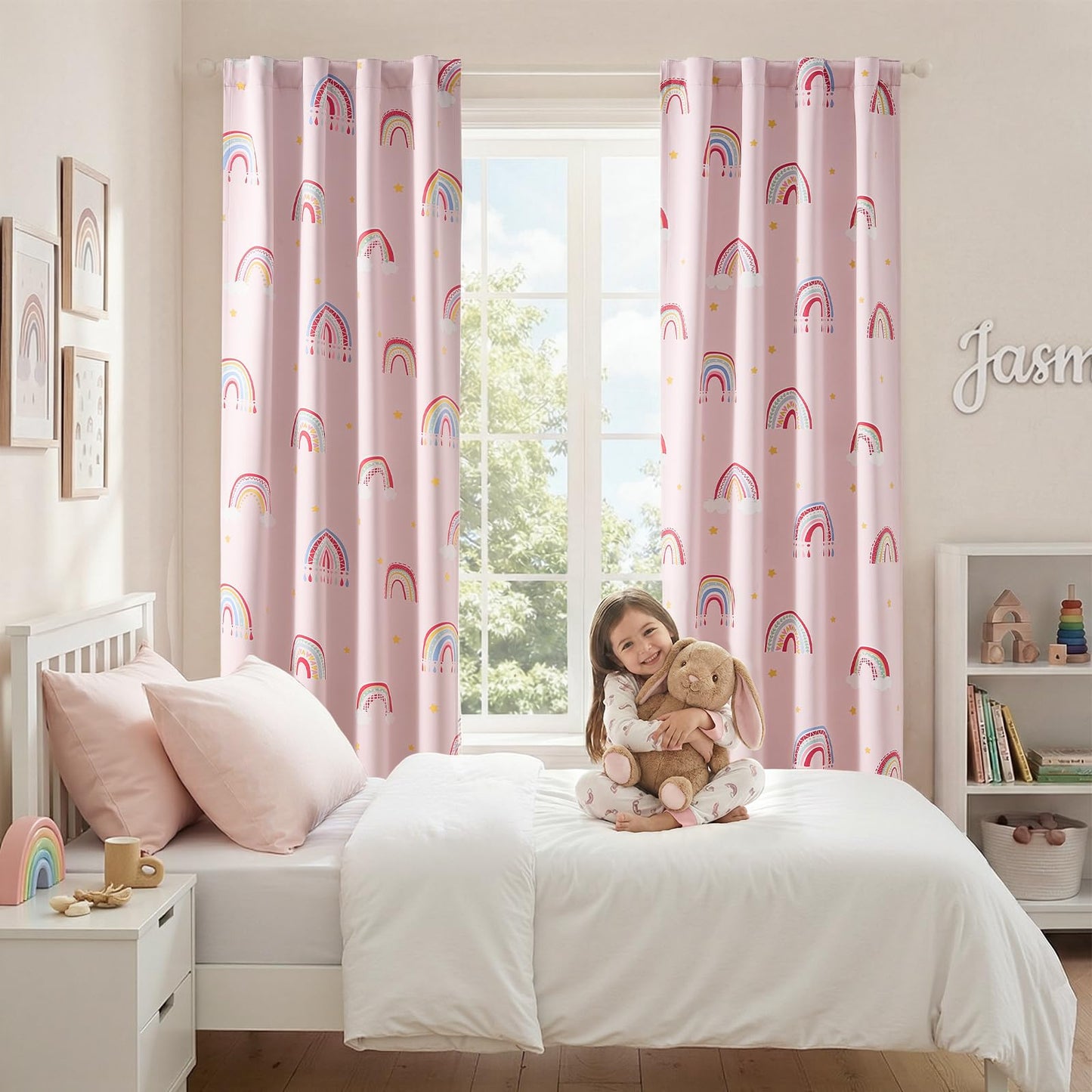 Vangao Blackout Curtains for Kids Bedroom Rainbow Pink Nursery Curtains 84 Inch Length Drapes for Teen Girls Thermal Insulated Room Darkening Boho Light Blocking for Living Room Set of 2