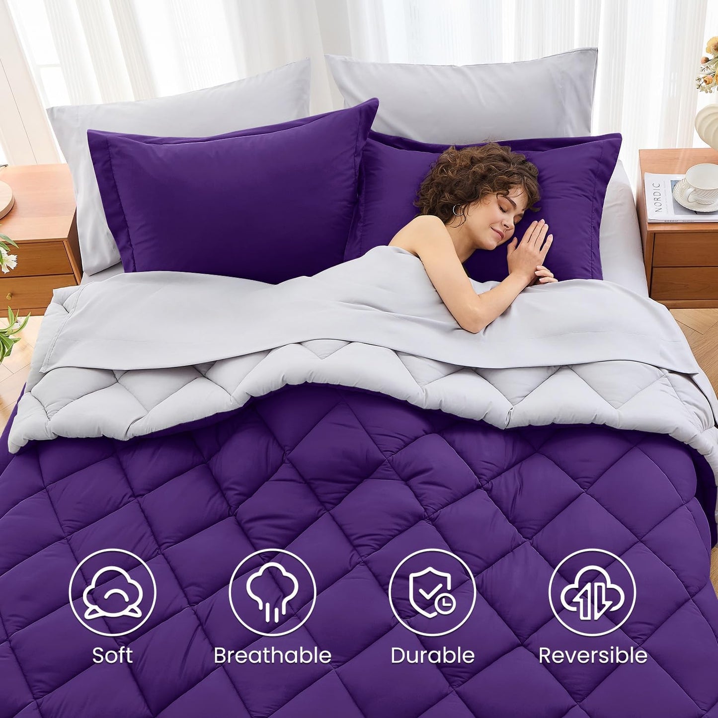 MUXHOMO 7 Pieces California King Comforter Set, Reversible Bed in a Bag Cal King Size, All Season Bedding Set with Comforter, Flat Sheet, Fitted Sheet, Pillowcases & Shams, Purple & Lavender