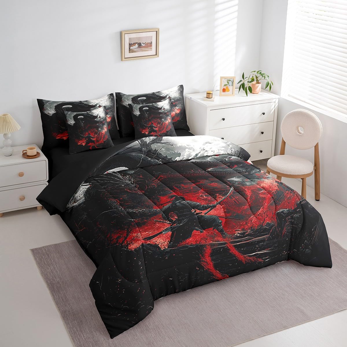Feelyou Dragon Comforter Set with Sheets Twin Size Japanese Style Bed in a Bag for Boys Girls Teens Samurai 7 Pieces Bedding Set Dragon Decor Bed Set Room Decor Black Red