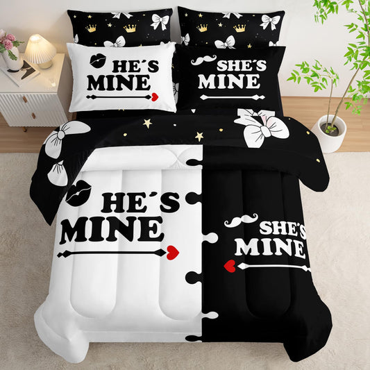 AILONEN Black and White Couple Comforter Set Full Size,7-Piece Soft Bed in a Bag,Valentine His Hers Comforter & Fitted Sheet & Flat Sheet & 2 Pillowcases,2 Pillow Shams for Bedroom