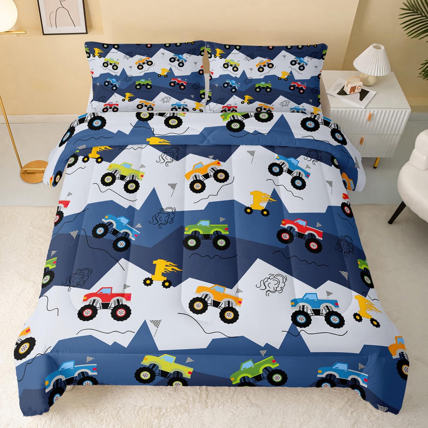 QOOMO 3Pcs Car Comforter Set Twin,Truck Bedding Set for Teens Boys Girls,Cars Printed Comforter with 2 Pillowcases,Down Alternative,Soft and Lightweight
