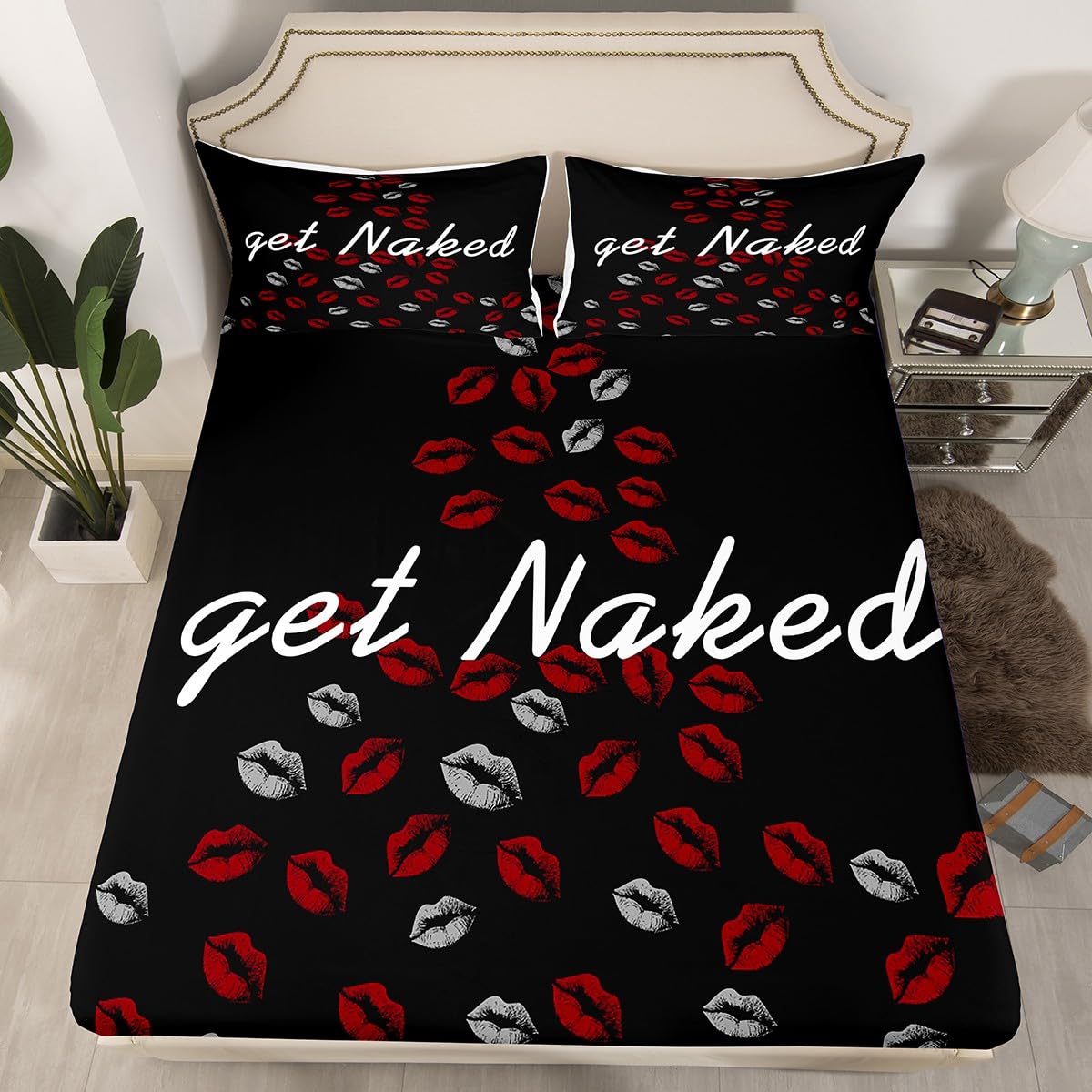Get Naked Bed Sheet Set Sexy Red Lips Fitted Sheet & Pillow Sham Set for Men Women Couple Lover Funny Quotes Kiss Bedding Set Ultra Soft Decor Black and White Bed Cover No Flat Sheet Full Size