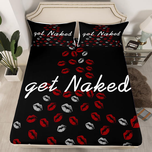 Get Naked Bed Sheet Set Sexy Red Lips Fitted Sheet & Pillow Sham Set for Men Women Couple Lover Funny Quotes Kiss Bedding Set Ultra Soft Decor Black and White Bed Cover No Flat Sheet Full Size