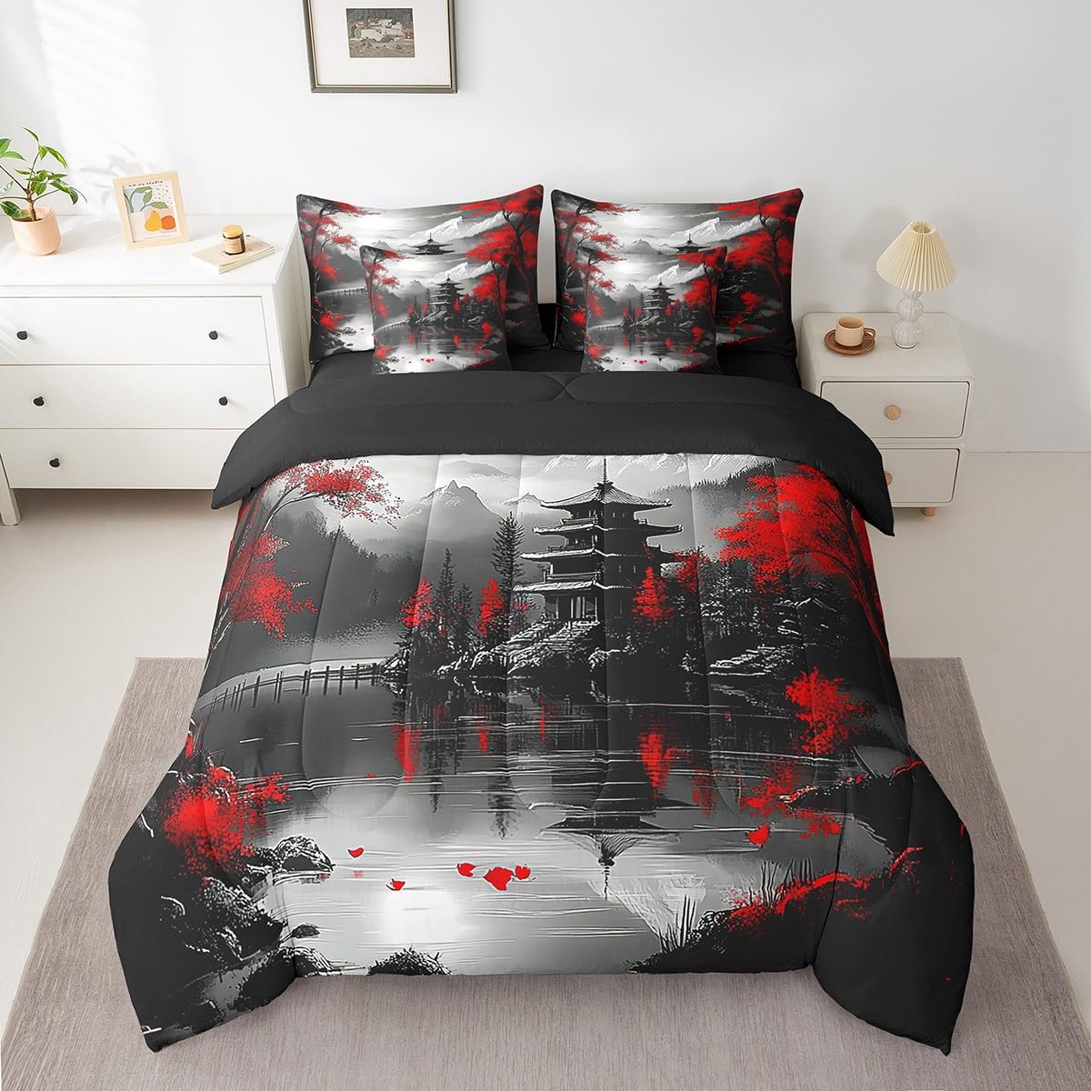 Erosebridal Japanese Style Queen Bedding Set 7 Piece,Cherry Blossom Comforter Set with Sheets,Red and Black Oriental Bed Set Vintage Mountain Scene Bed in a Bag with Fitted+Flat Sheet,Pillowcases