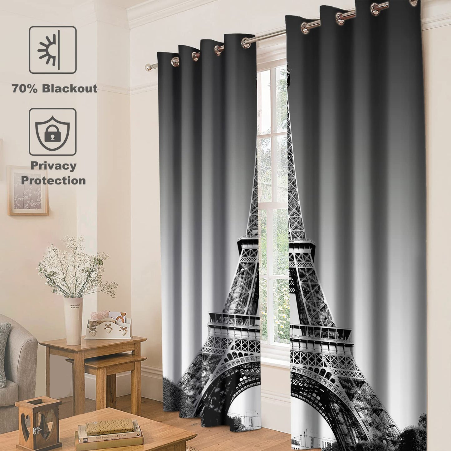 Jekeno Paris Eiffel Tower Blackout Curtains Paris Landmark Picture of Famous Place Cityscape Scene Decor for Bedroom Living Room Grommet Window Drapes 2 Panel Set, 52"x63"