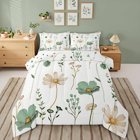 Erosebridal Watercolor Floral Comforter Set Twin, Sage Green Beige Flower Bedding Set for Girls Teens Adult Women Bedroom, Modern Minimalist White Down Comforter Pastoral Branches Aesthetic Quilt
