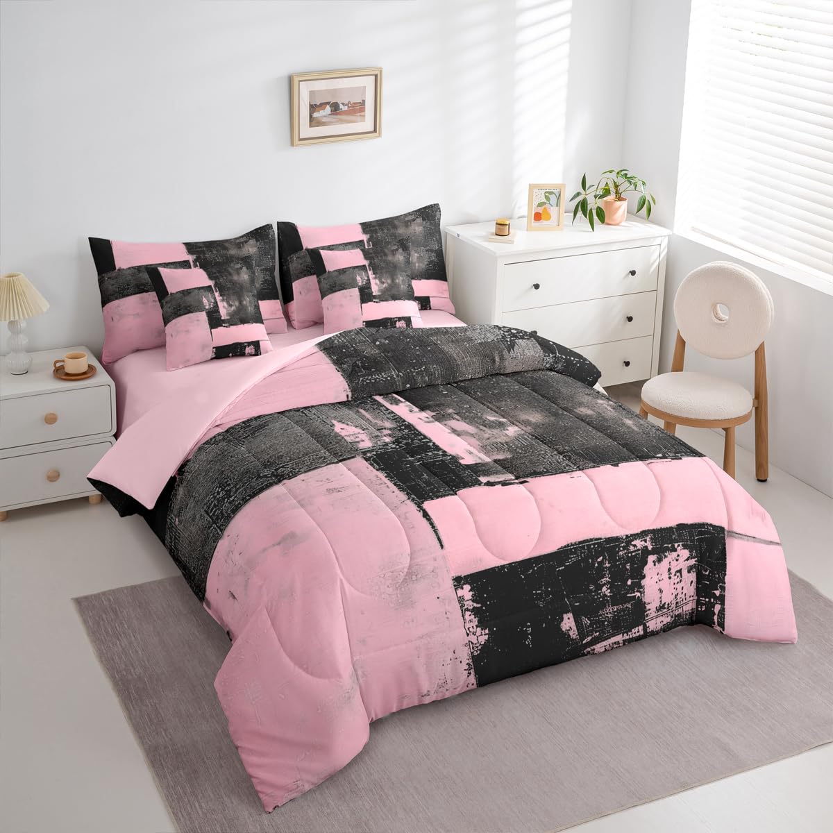 Feelyou Abstract King Comforter Set with Sheets for Kids Boys Girls Modern Abstract Art 7 Pieces Bedding Set Luxury Bed in a Bag Geometric Room Decor Black Pink Soft Lightweight Microfiber