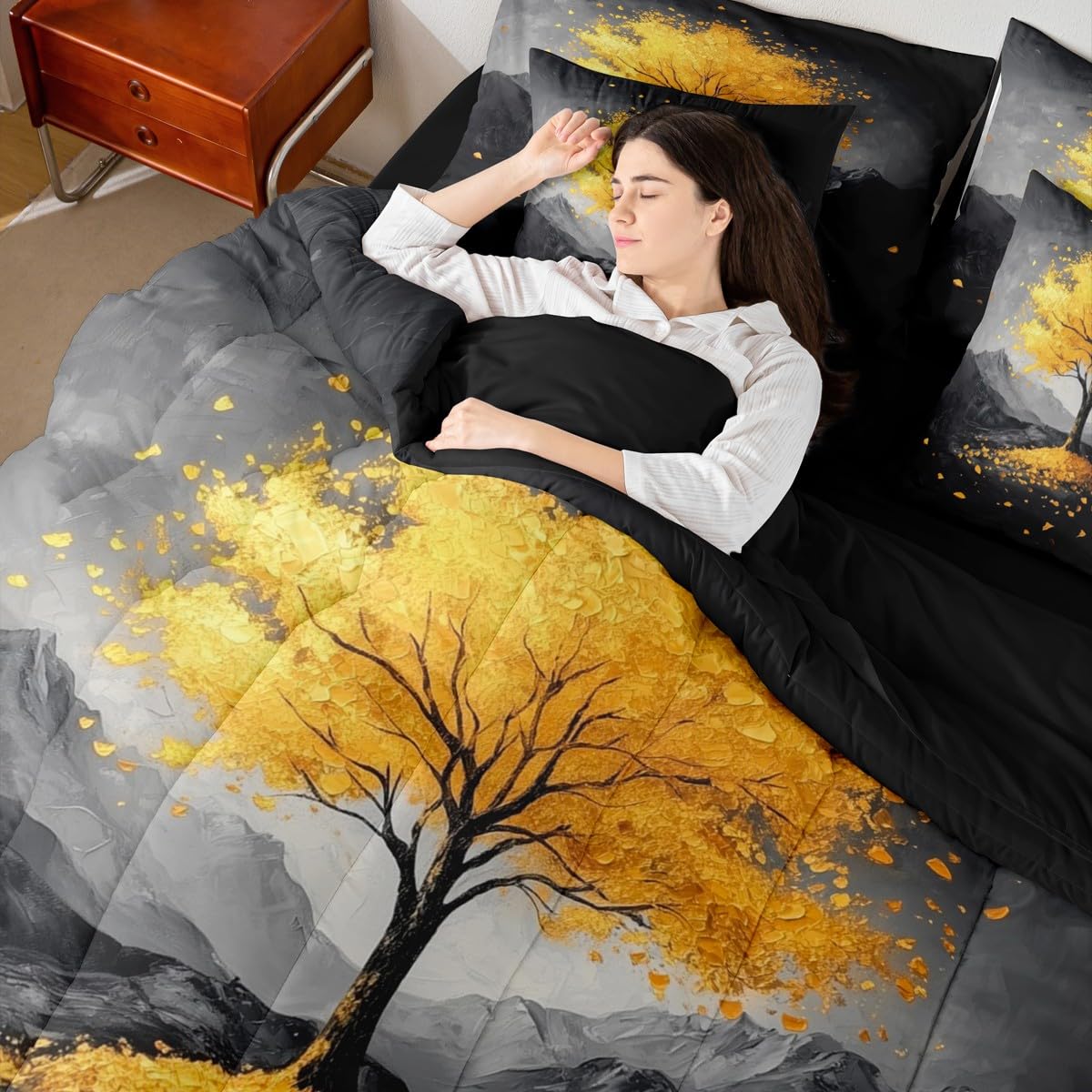 Gold Tree Branches Pattern 7 Pieces Bedding Set Twin Size Kids Leaf Branches Bed in a Bag with Comforter, Sheets, Pillowcases Smoky Mountain Bed Set Breathable Botanical Room Comforter Set with Sheets