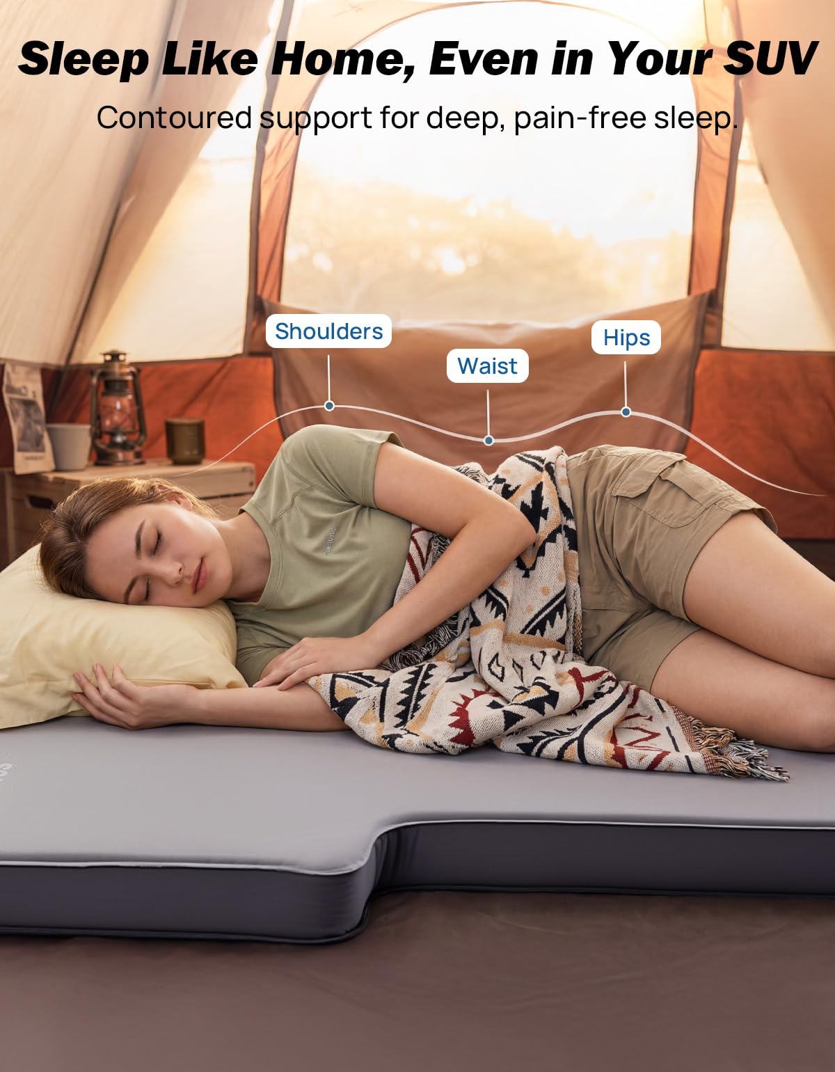 JOYTUTUS Foam & Air Camping Mattress for SUV - 4" Thickened Self-Inflating Car Bed, Wear-Resistant, Portable Sleeping Pad Fits Most Mid-to-Full Size SUV Trunks & Rear Seats, Gray