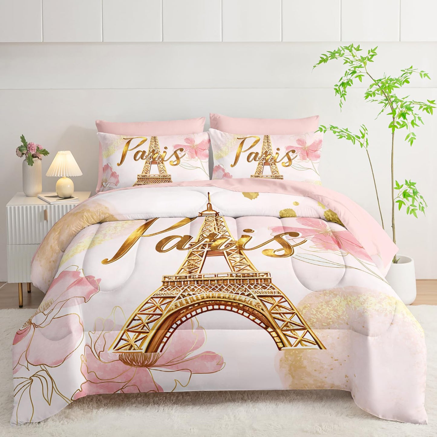 AILONEN Paris Eiffel Tower Comforter Set Full 7-Piece Tie Dye Flower Pink Bed in a Bag for Girls Women,Soft Comforter & Fitted Sheet with Flat Sheet,2 Pillowcases,2 Pillow Shams