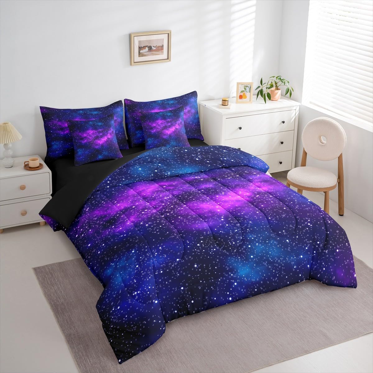 Erosebridal Purple Galaxy King Comforter Set Starry Sky 7 Pieces Bedding Mysterious Outer Space Universe Bed Set Women Men Bed in A Bag